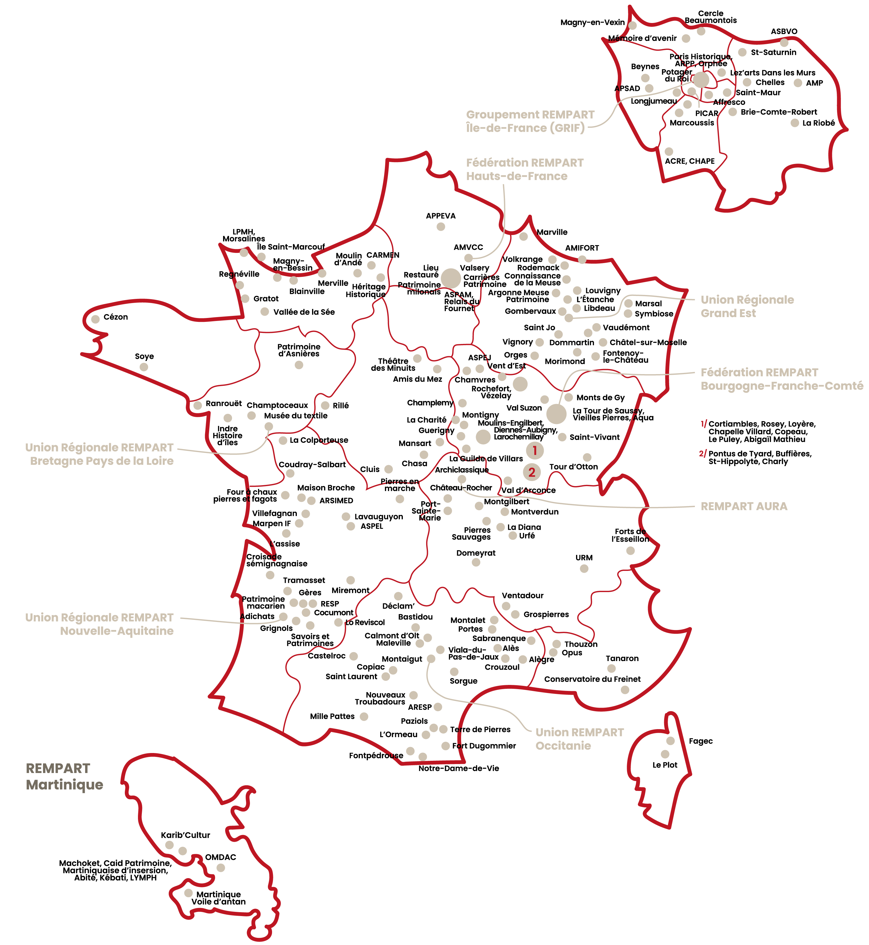 Carte des 200 associations membres réparties sur tout le territoires